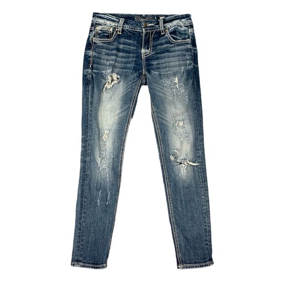 Miss Me Jeans Womens 25 Blue Distressed Denim Stretch Mid Rise Easy Ankle Skinny - Picture 1 of 13